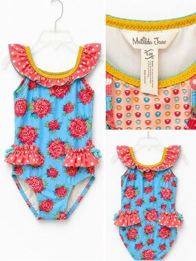 Matilda Jane Blue Floral Ruffle One-Piece Swimsuit - size 18/24m